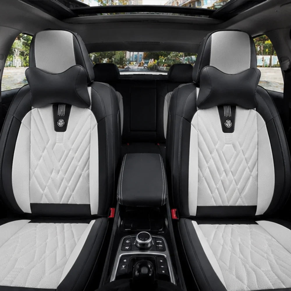 Kit Completo de Capas para Banco de Carro Domani em Couro Legítimo Universal 5 Lugares Com Airbag + Tapetes e Capa de Volante
