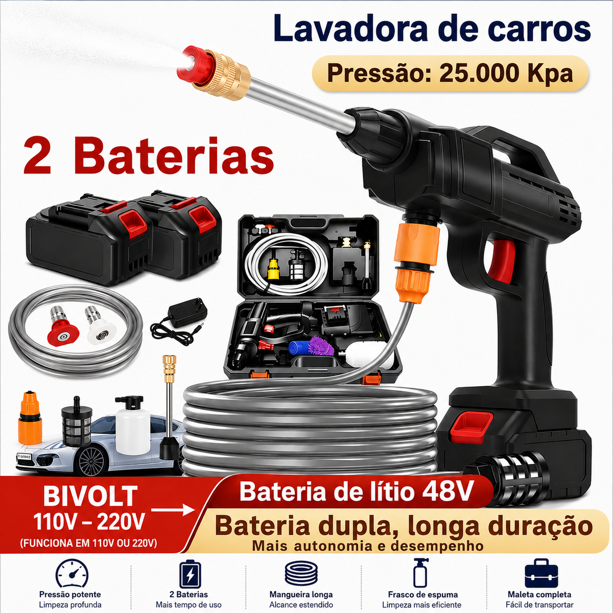 Lavadora de Alta Pressão Portátil 48V Recarregável