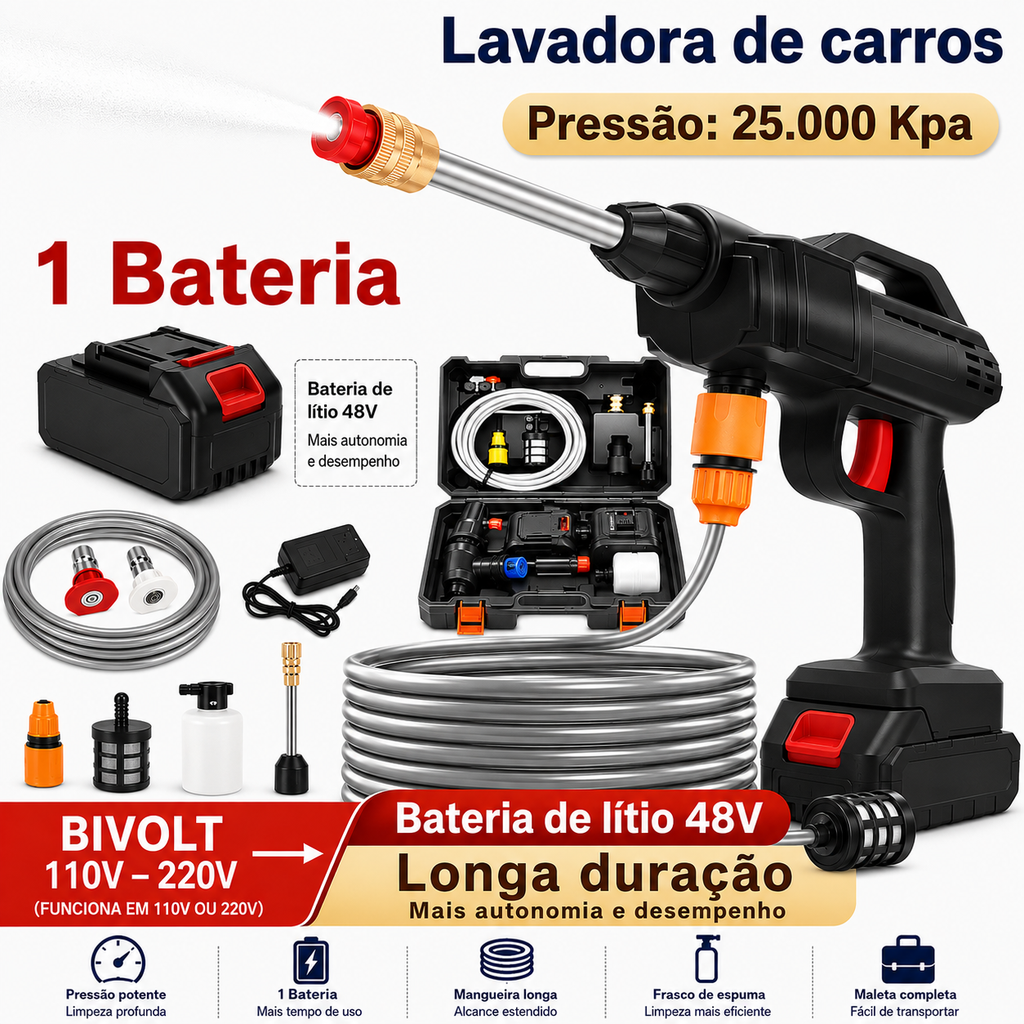 Lavadora de Alta Pressão Portátil 48V Recarregável