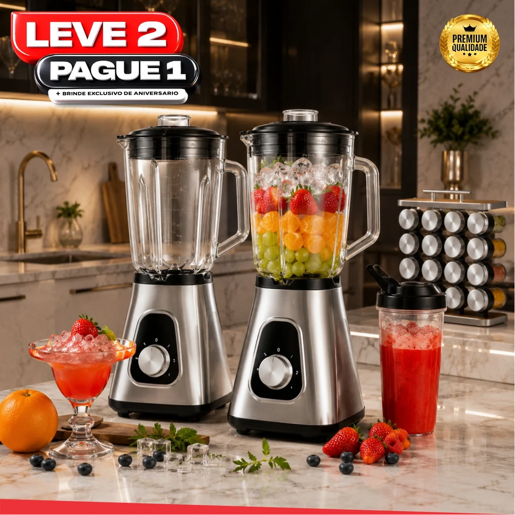 Liquidificador Multiuso 5 em 1 Com 2 Jarras de Vidro + BRINDE Porta Tempero Vertical 16 Potes - COMPRE 1 LEVE 2
