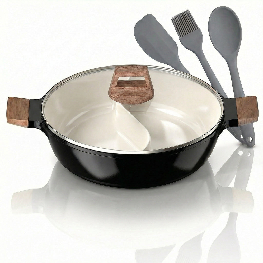 Panela Dupla Divisória Antiaderente + Kit Utensílios em Silicone