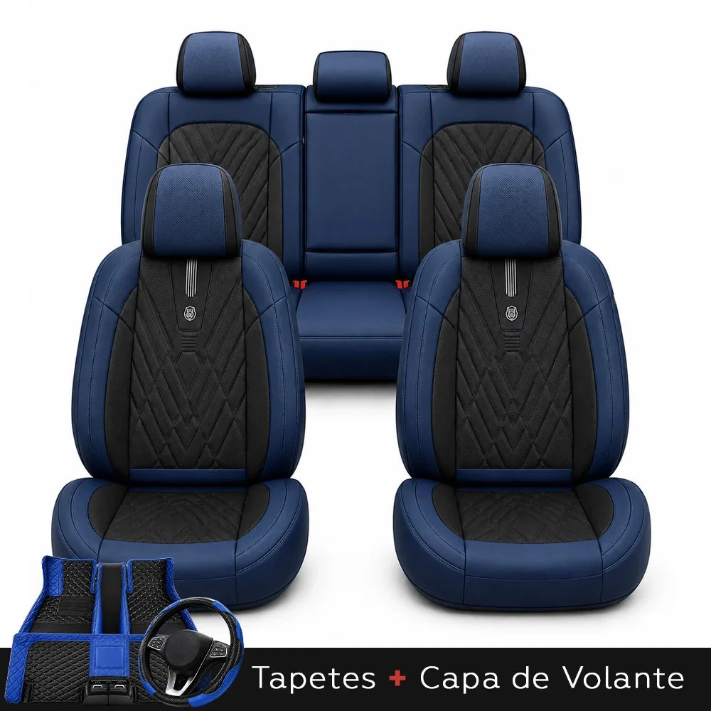 Kit Completo de Capas para Banco de Carro Domani em Couro Legítimo Universal 5 Lugares Com Airbag + Tapetes e Capa de Volante