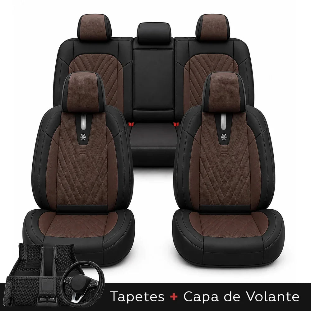 Kit Completo de Capas para Banco de Carro Domani em Couro Legítimo Universal 5 Lugares Com Airbag + Tapetes e Capa de Volante