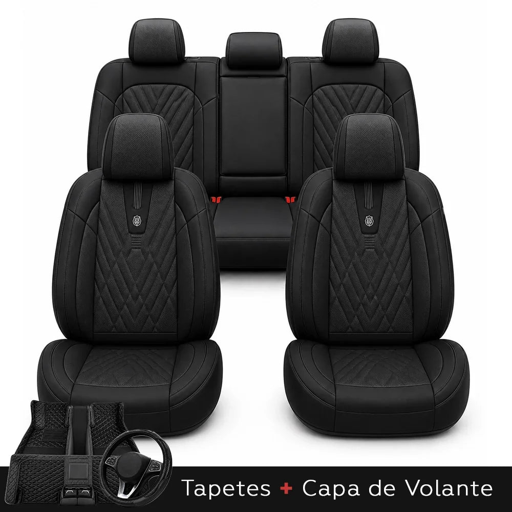 Kit Completo de Capas para Banco de Carro Domani em Couro Legítimo Universal 5 Lugares Com Airbag + Tapetes e Capa de Volante