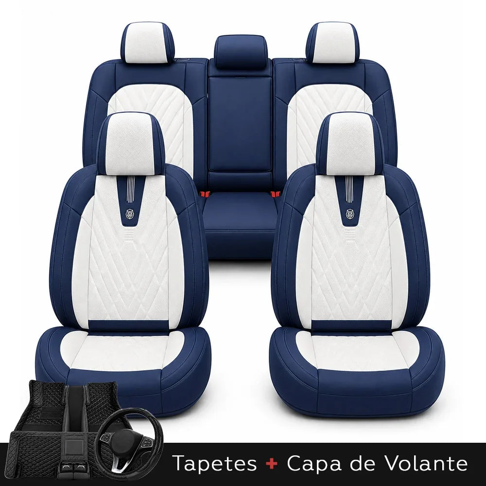 Kit Completo de Capas para Banco de Carro Domani em Couro Legítimo Universal 5 Lugares Com Airbag + Tapetes e Capa de Volante
