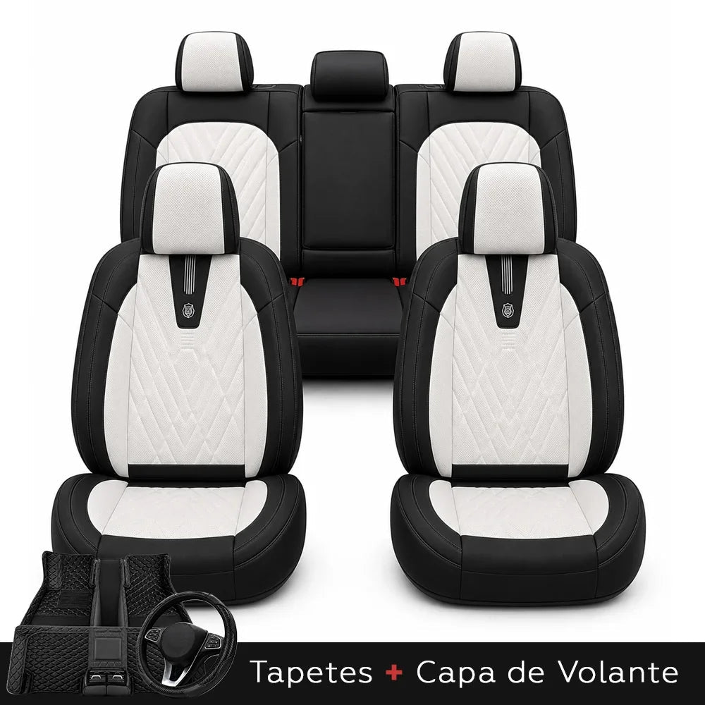 Kit Completo de Capas para Banco de Carro Domani em Couro Legítimo Universal 5 Lugares Com Airbag + Tapetes e Capa de Volante