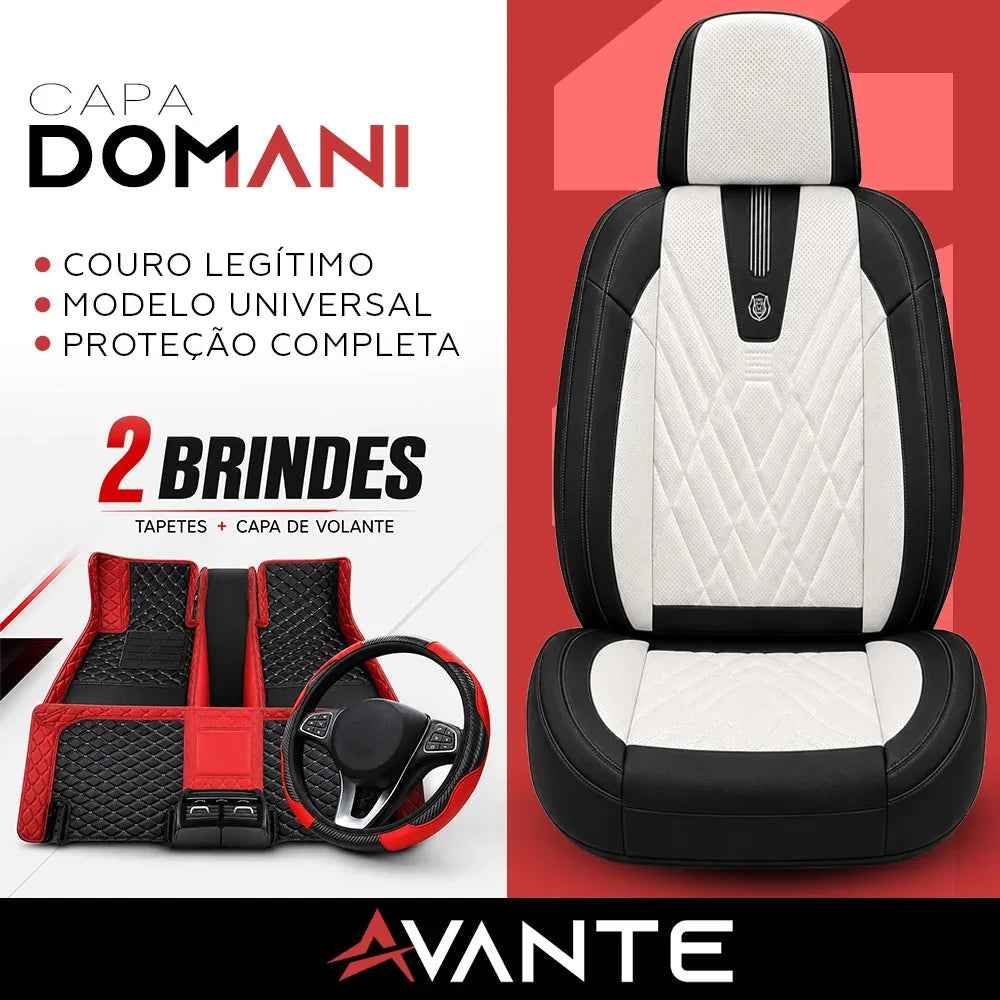 Kit Completo de Capas para Banco de Carro Domani em Couro Legítimo Universal 5 Lugares Com Airbag + Tapetes e Capa de Volante